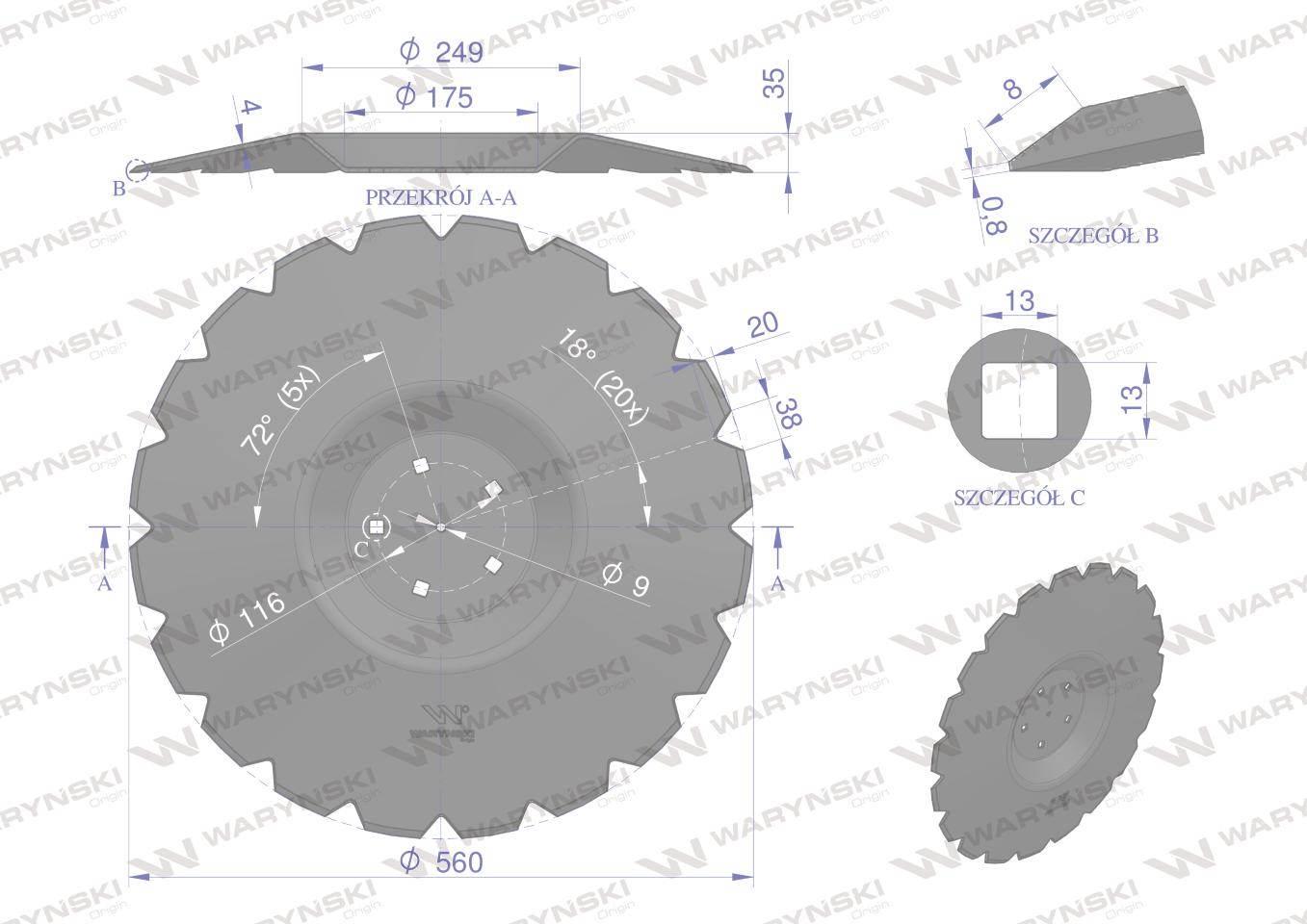 Talerz uzębiony Z-20 fi 560 mocowanie 5/116 przetłoczony grubość 4 mm stal - zdjęcie 2