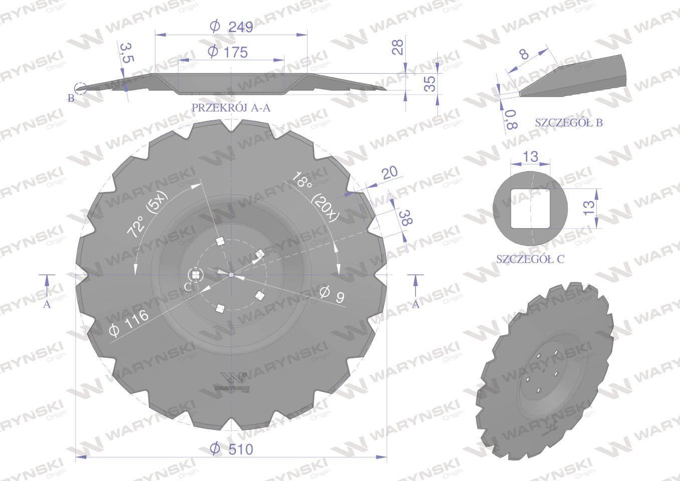 Talerz uzębiony Z-20 fi 510 mocowanie 5/116 przetłoczony grubość 4 mm stal - zdjęcie 2