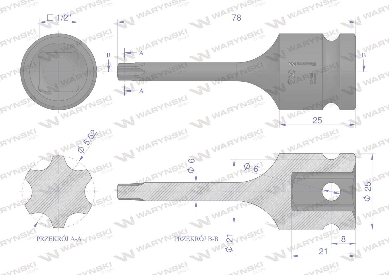 Nasadka udarowa 1/2" gwiazdkowa STAR T30 Waryński WMU203 - zdjęcie 3