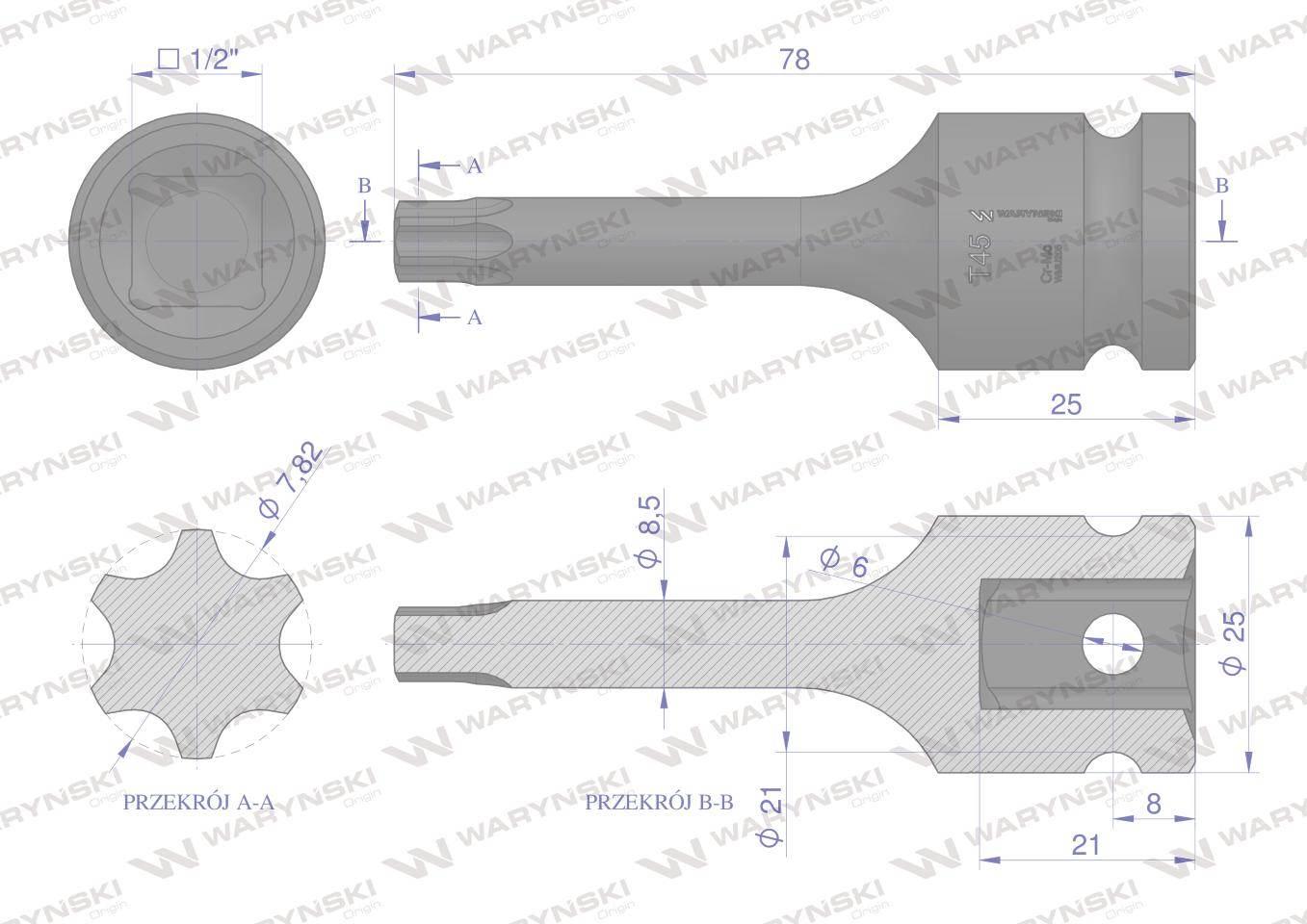 Nasadka udarowa 1/2" gwiazdkowa STAR T45 Waryński WMU205 - zdjęcie 3