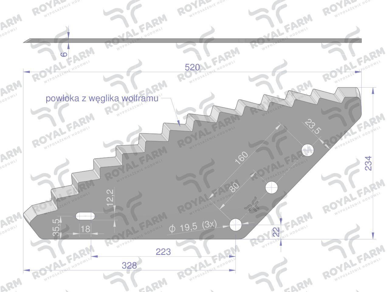 Nóż paszowozu uniwersalny otwór 19.5 mm z węglikiem wolframu Standard ROYAL - zdjęcie 2