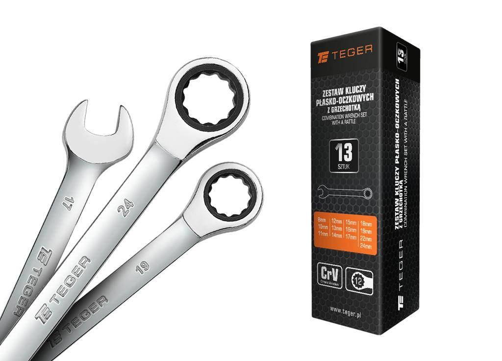 Zestaw kluczy płasko-oczkowych z grzechotką, 8-24 mm, 13 szt, Teger - zdjęcie 3