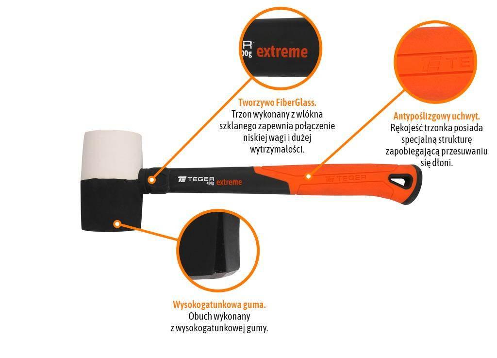 Młotek gumowy z trzonkiem fiberglass 450 g Extreme / TEGER T-W-MGF-450 - zdjęcie 2