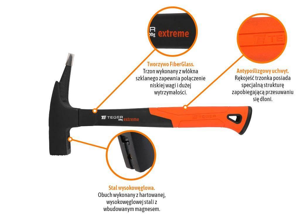 Młotek ciesielski z trzonkiem fiberglass 600 g Extreme / TEGER T-W-MCF-600 - zdjęcie 2