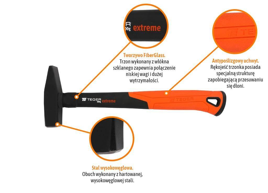 Młotek ślusarski z trzonkiem fiberglass 500 g Extreme / TEGER T-W-MSF-500 - zdjęcie 2