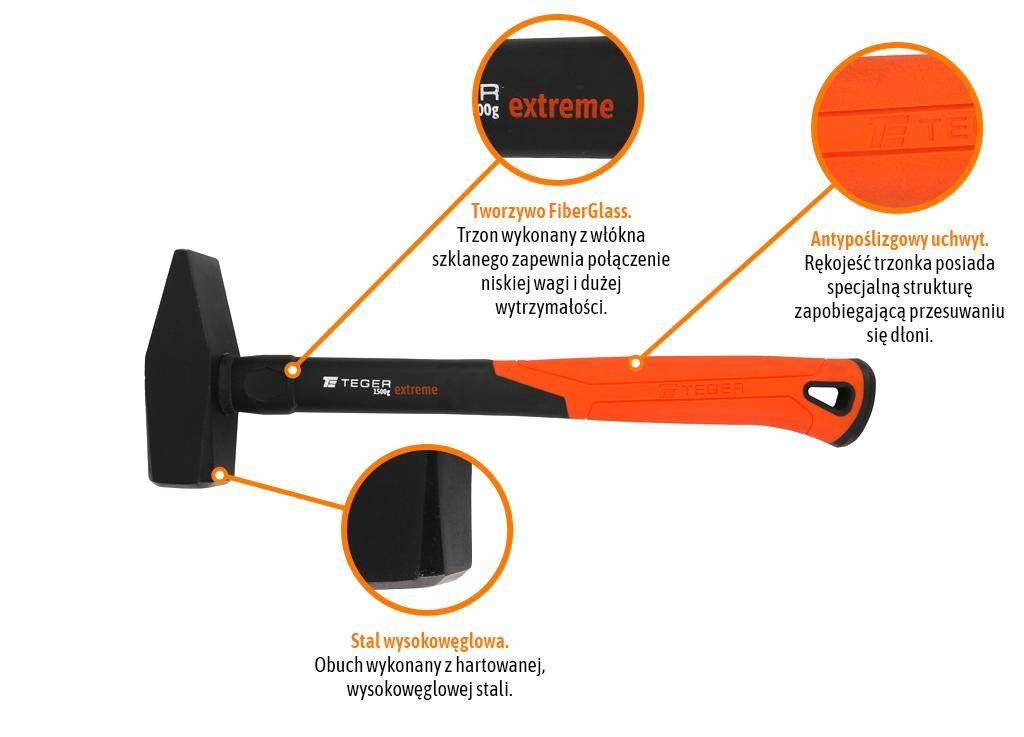 Młotek ślusarski z trzonkiem fiberglass 1500 g Extreme / TEGER - zdjęcie 2