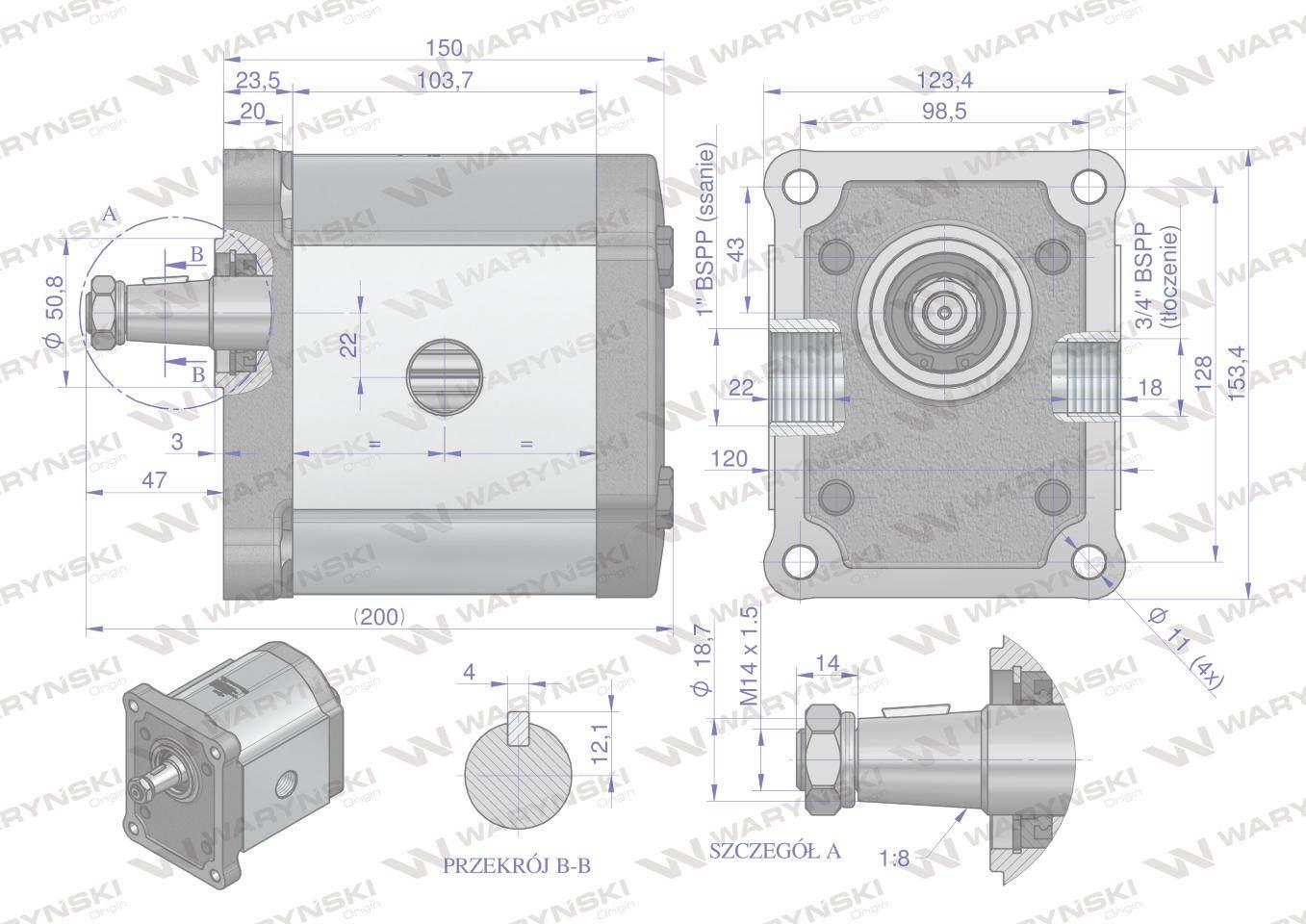 Pompa hydrauliczna zębata 52.0cm3 (grupa 3 - typ europejski) wałek 1:8 przy - zdjęcie 4