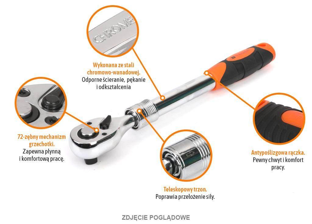 Grzechotka teleskopowa 1/2" 72T, CR-V, Teger T-W-G106 - zdjęcie 2