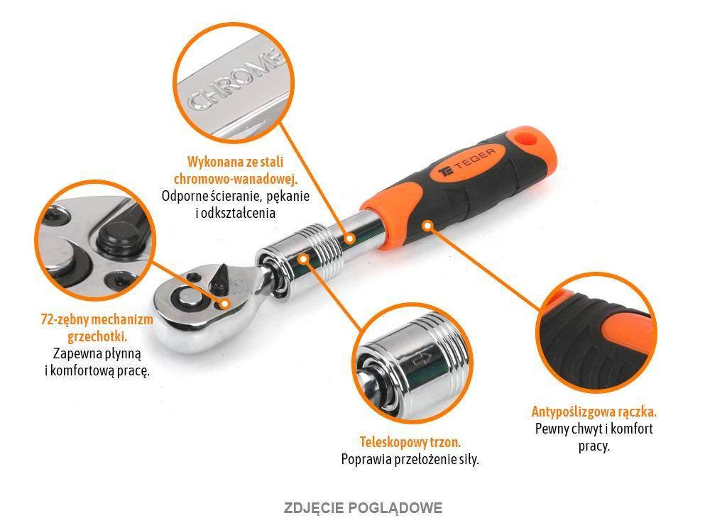 Grzechotka teleskopowa 1/4" 72T, CR-V, Teger T-W-G107 - zdjęcie 2