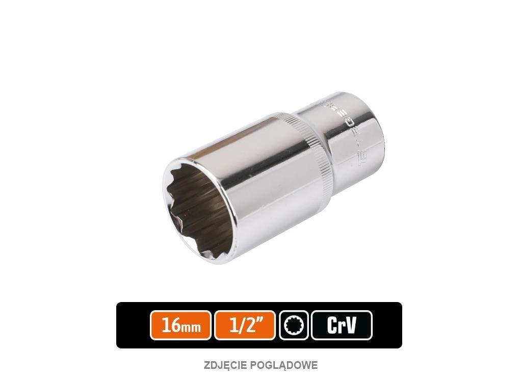 Klucz nasadowy 1/2" dwunastokątny długi 16 mm, CR-V, Teger T-W-KND209