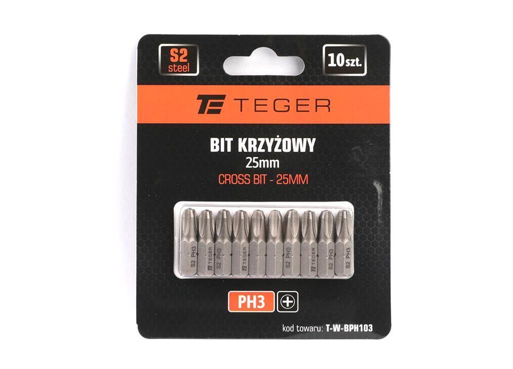 Bit krzyżowy PH 3x25 mm, (10 szt), S2, Teger T-W-BPH103