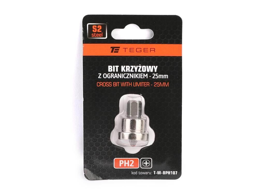Bit krzyżowy PH 2x25 mm - z ogranicznikiem głębokości, S2, Teger