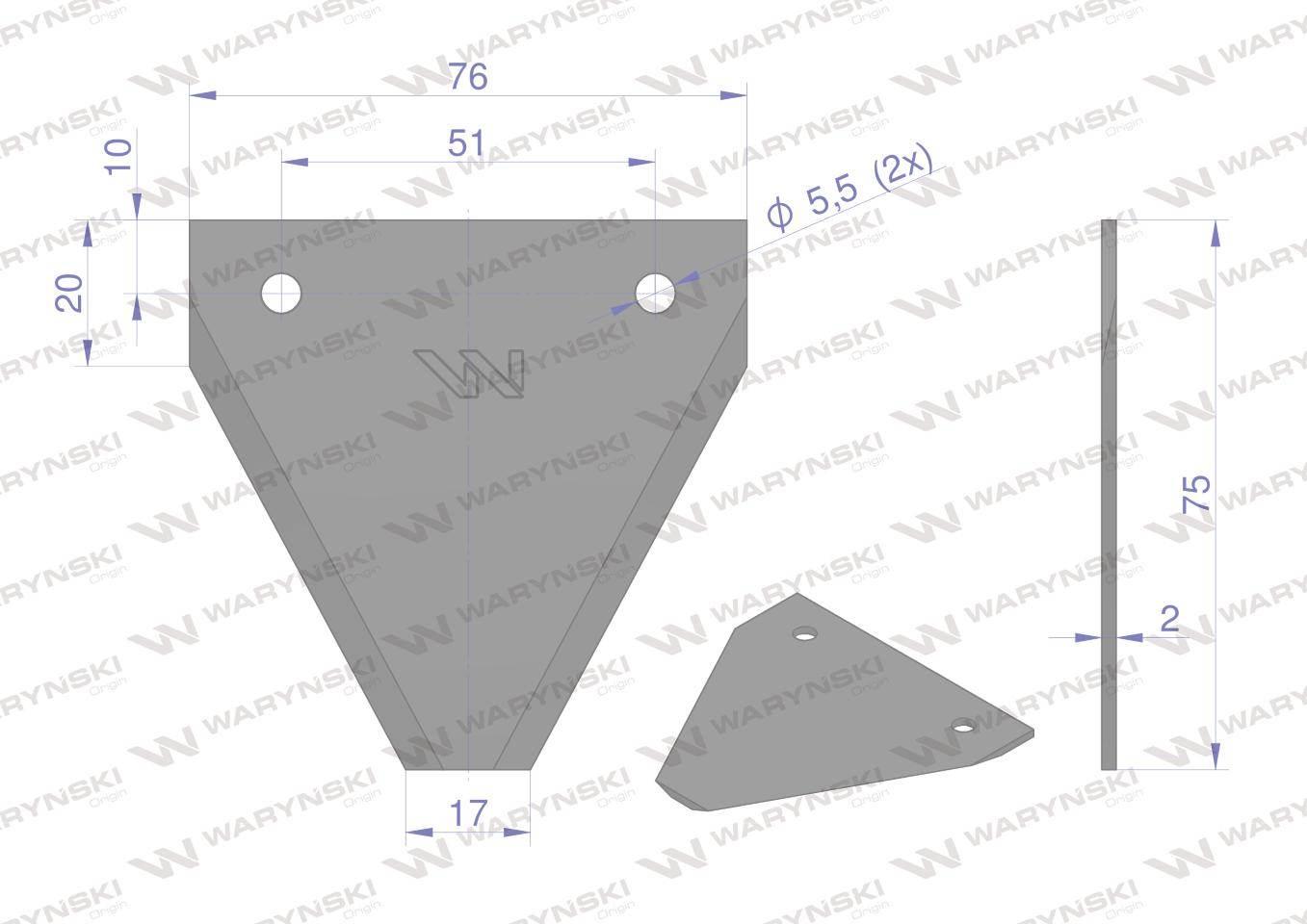 Nóż żniwny 75x76x2mm otwór 5.5 zastosowanie A10/2 FORTSCHRITT WARYŃSKI 25sz - zdjęcie 2