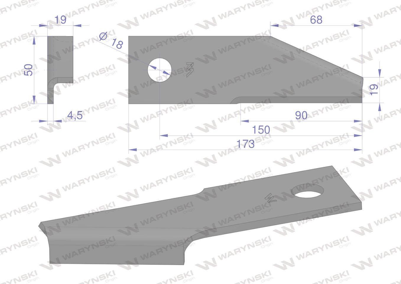 Nóż obrotowy rozdrabniacz słomy sieczkarnia podgięty 173x50x4.5mm otwór 18 - zdjęcie 2