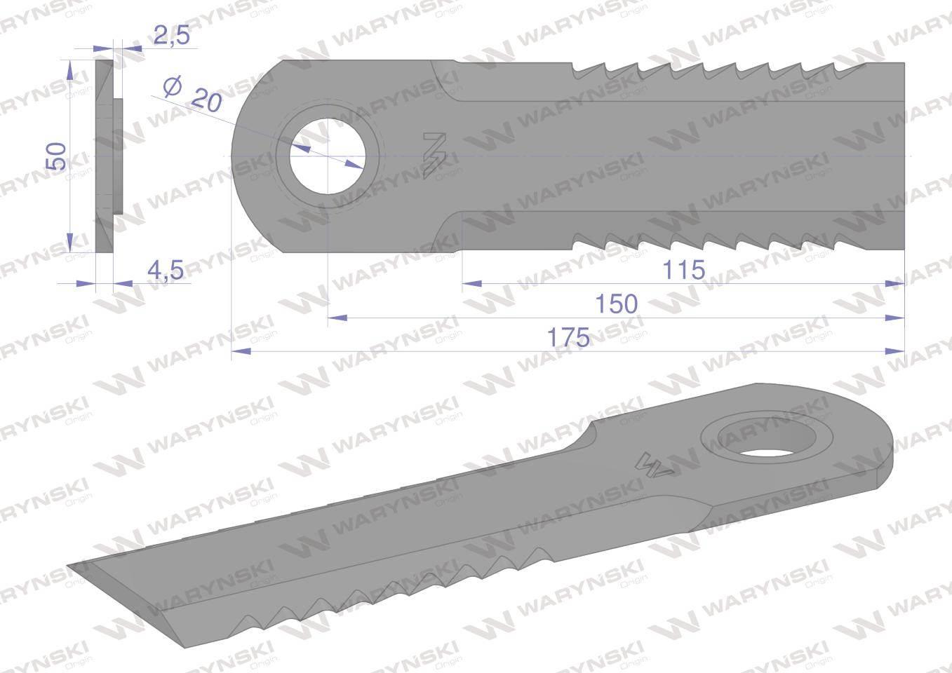 Nóż obrotowy sieczkarnia 175x50x4.5mm otwór 20 z tuleją zastosowanie 199476