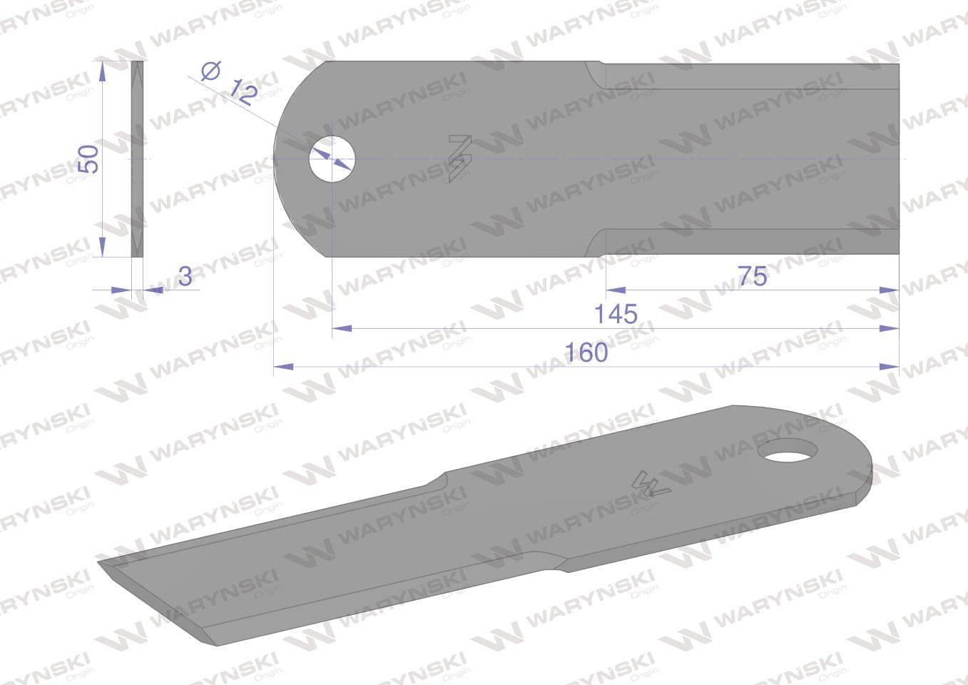 Nóż stały rozdrabniacz słomy sieczkarnia gładki 160x50x3mm otwór 12 zastoso - zdjęcie 2