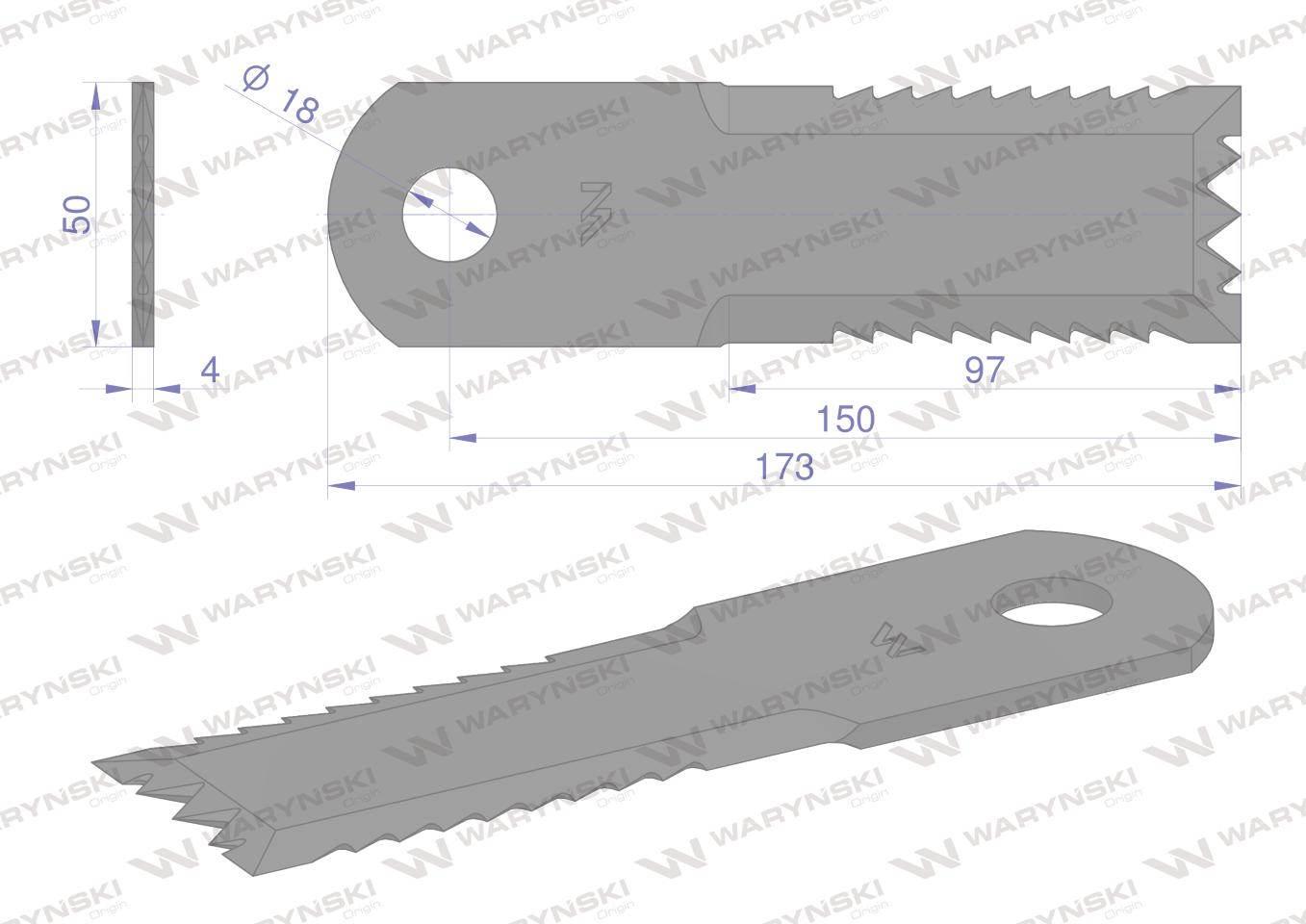 Nóż obrotowy rozdrabniacz słomy sieczkarnia uzębiony 173x50x4mm otwór 18 za - zdjęcie 2
