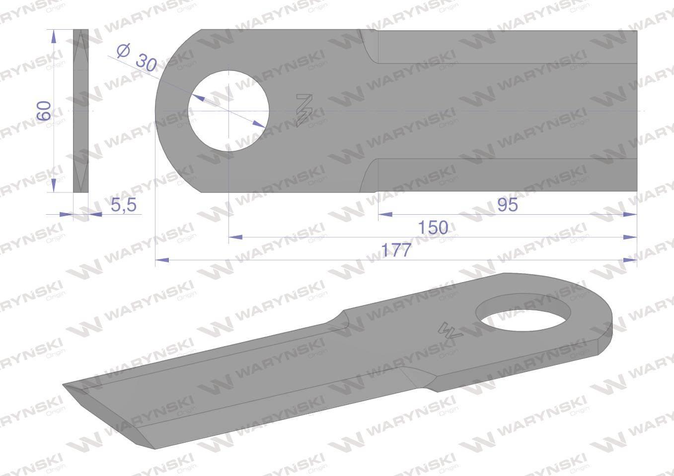 Nóż obrotowy rozdrabniacz słomy sieczkarnia gładki 177x60x5.5mm otwór 30 za - zdjęcie 2