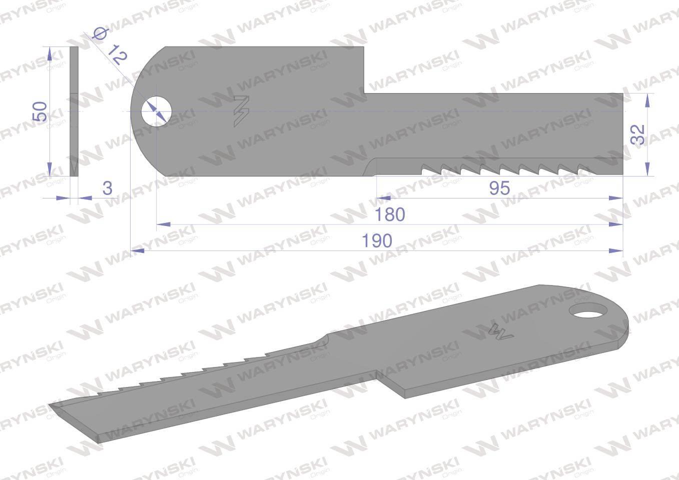 Nóż stały rozdrabniacz słomy sieczkarnia uzębiony 190x50x3mm otwór 12 zasto - zdjęcie 2