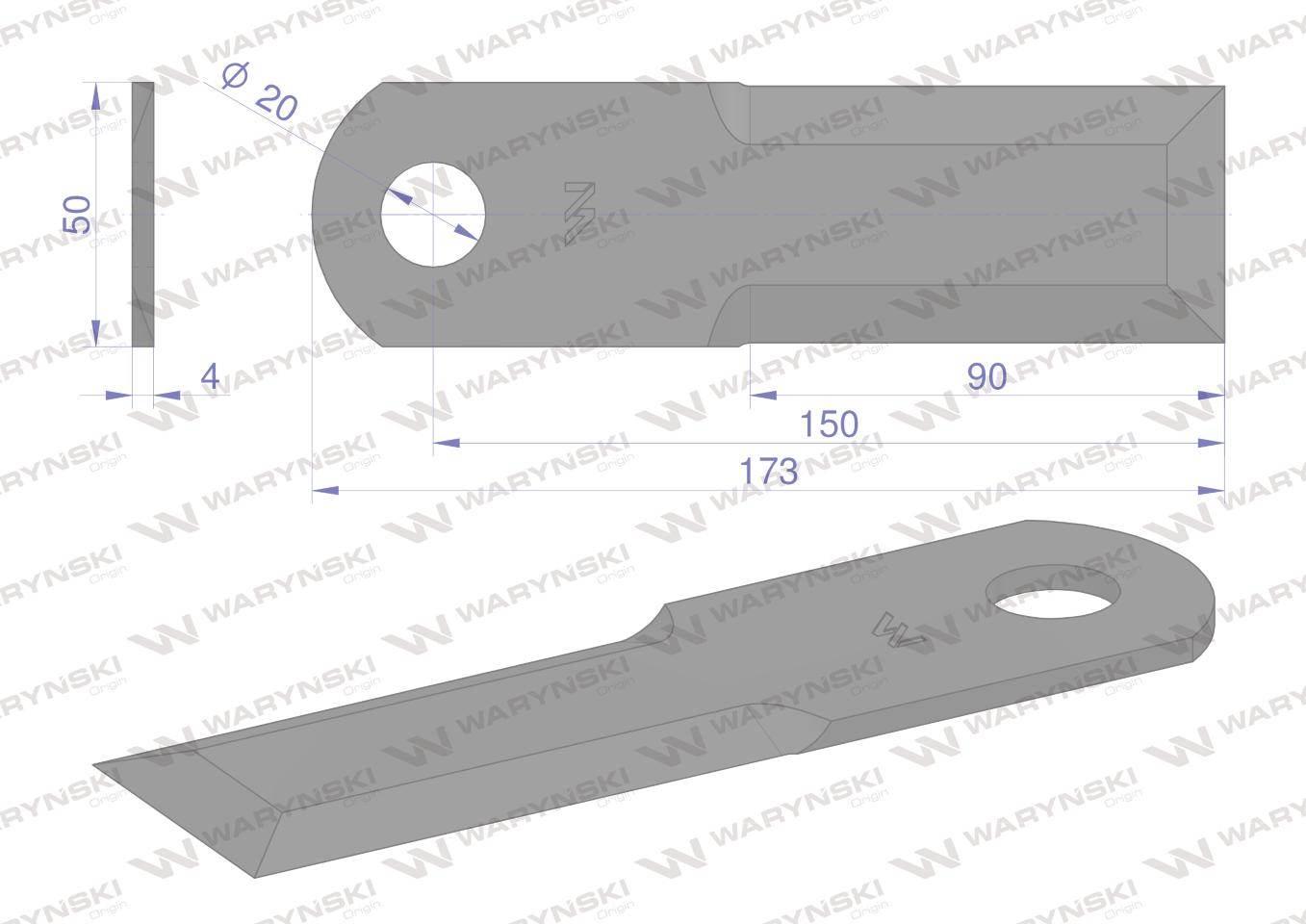 Nóż obrotowy rozdrabniacz słomy sieczkarnia gładki 173x50x4mm otwór 20 zast - zdjęcie 2