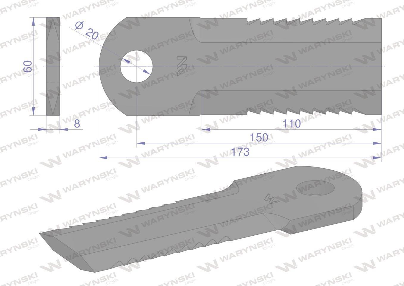 Nóż obrotowy rozdrabniacz słomy sieczkarnia uzębiony 173x60x8mm otwór 20 za - zdjęcie 2