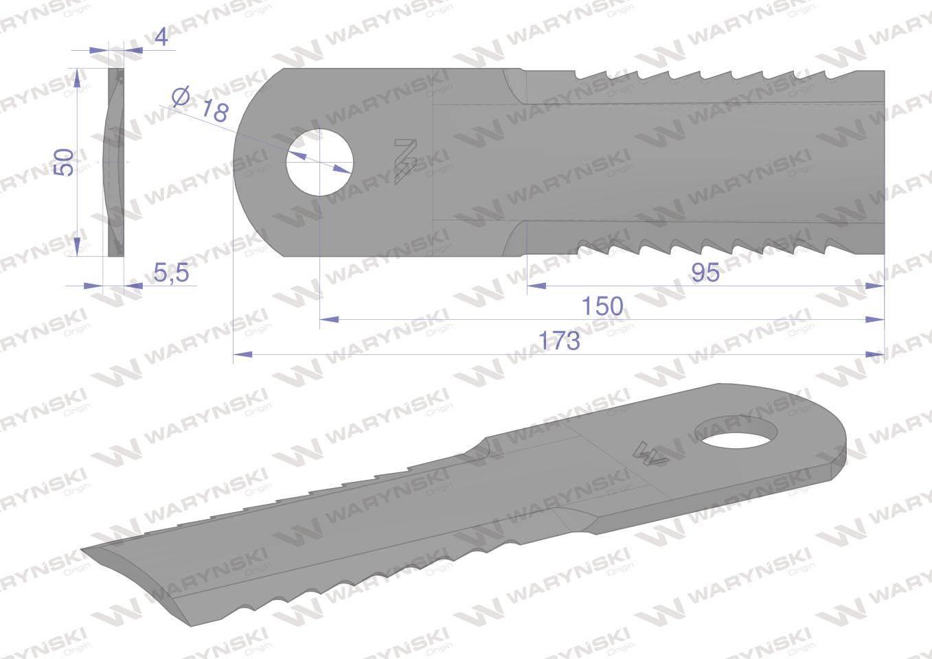 Nóż obrotowy rozdrabniacz słomy sieczkarnia uzębiony 173x50x4mm otwór 18 za - zdjęcie 2