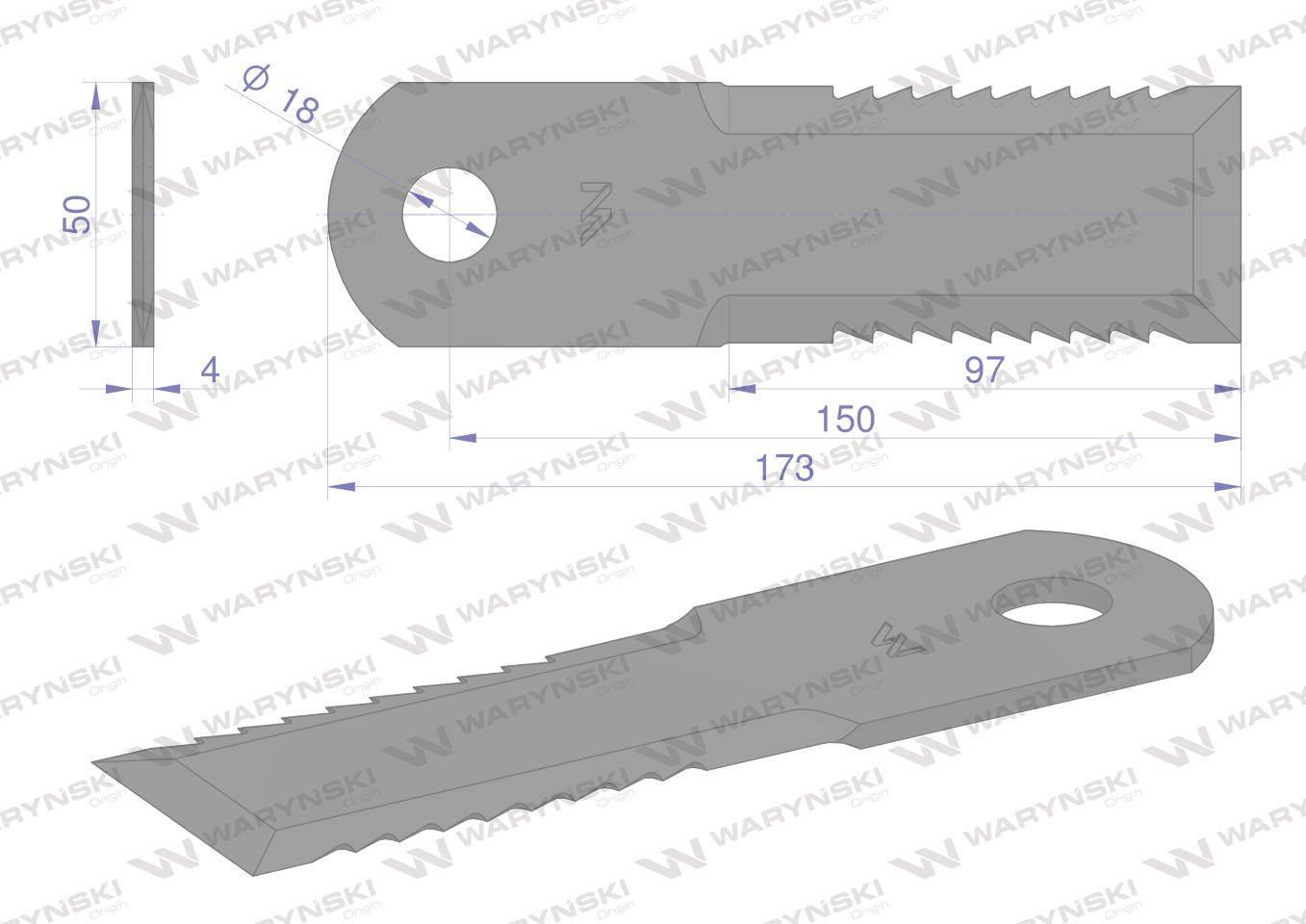 Nóż obrotowy rozdrabniacz słomy sieczkarnia uzębiony 173x50x4mm otwór 18 za - zdjęcie 2