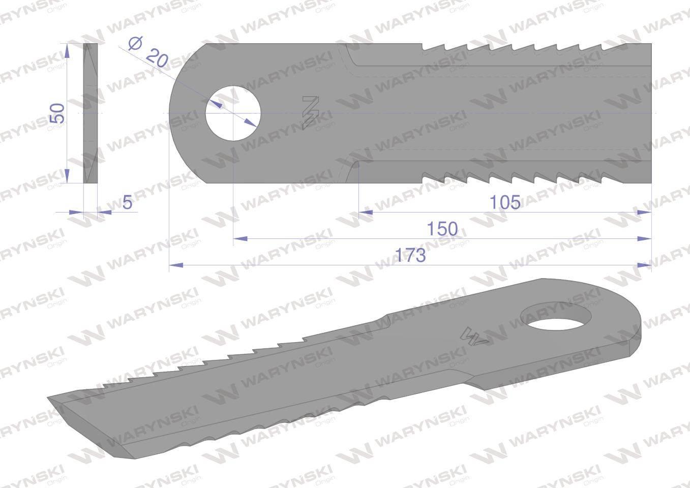 Nóż obrotowy rozdrabniacz słomy sieczkarnia uzębiony 175x50x5mm otwór 20 za - zdjęcie 2