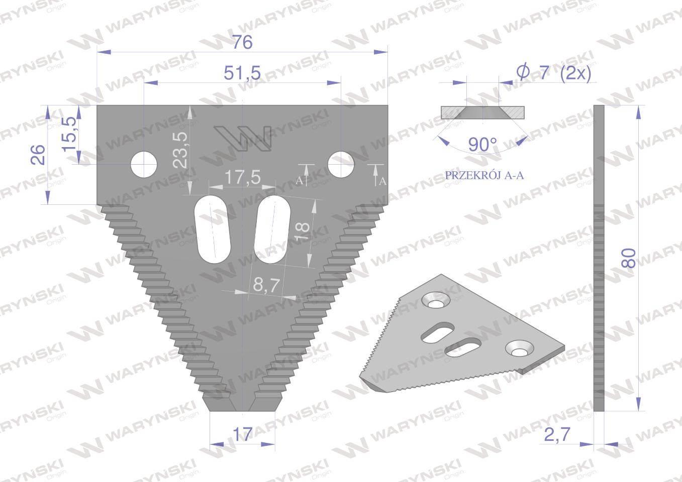 Nóż żniwny 80x76x2.7mm otwór 7 zastosowanie 3BF0010AB1 Olimag WARYŃSKI 25sz - zdjęcie 2