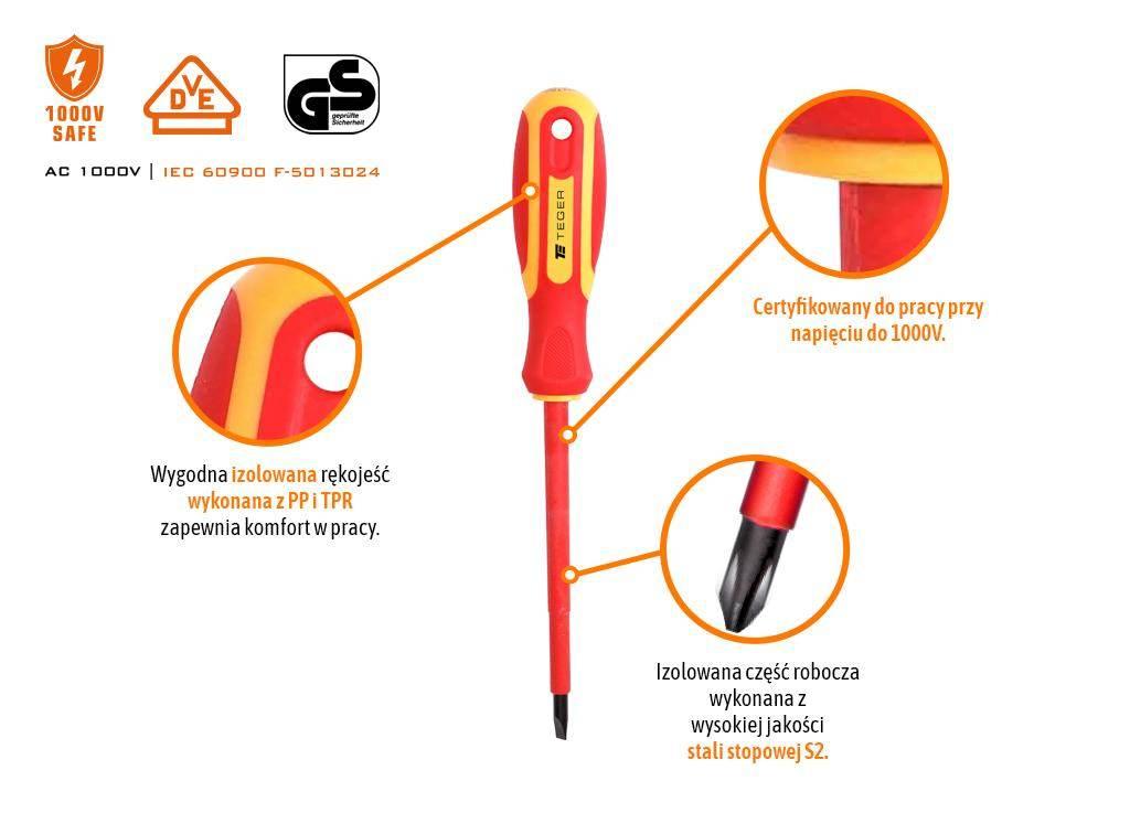 Zestaw wkrętaków VDE 6 szt / Certyfikat GS/VDE / TEGER T-W-ZWK003 - zdjęcie 3