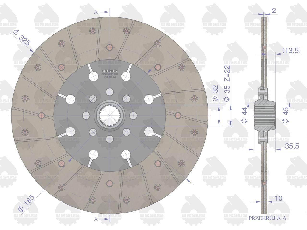 Tarcza sprzęgła fi 325 pias.22 frezy C-385 PREMIUM ORYGINAŁ URSUS - zdjęcie 3