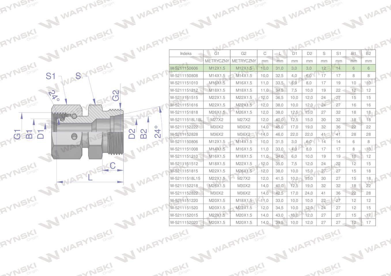 Złączka hydrauliczna metryczna AB (XKOR) A-M12x1.5 06L / B-M12x1.5 06L Wary - zdjęcie 4