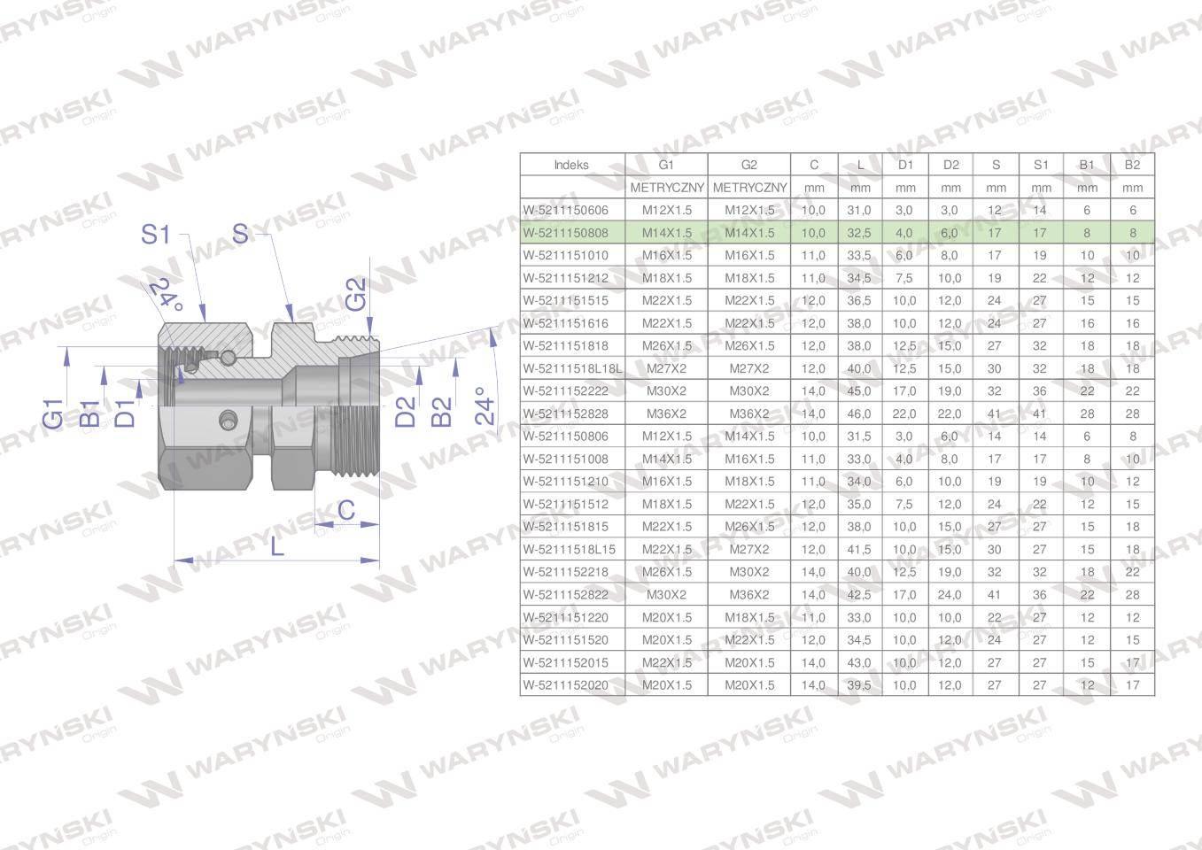 Złączka hydrauliczna metryczna AB (XKOR) A-M14x1.5 08L / B-M14x1.5 08L Wary - zdjęcie 4