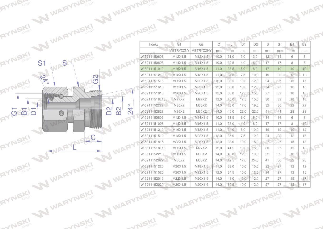 Złączka hydrauliczna metryczna AB (XKOR) A-M16x1.5 10L / B-M16x1.5 10L Wary - zdjęcie 4