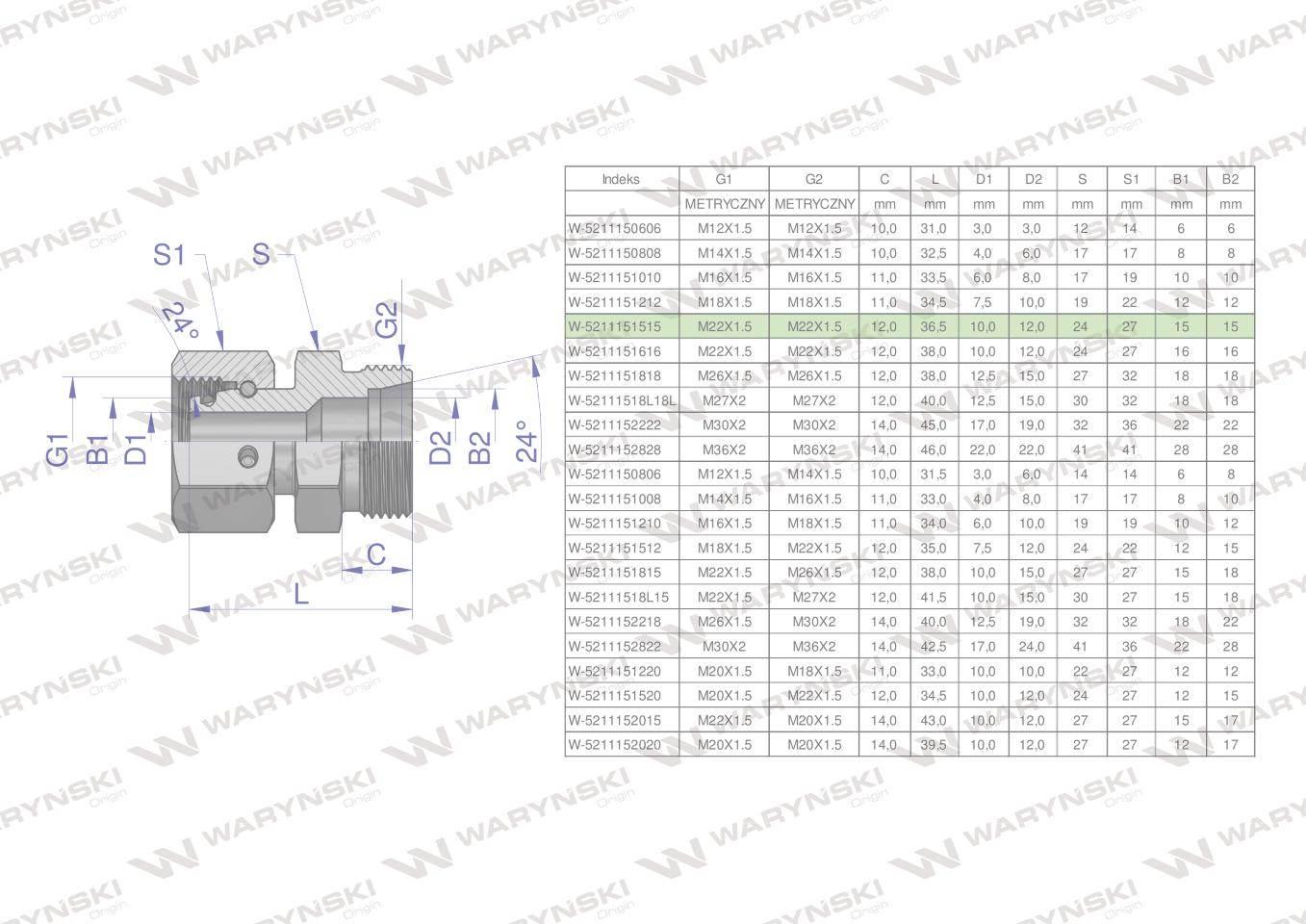 Złączka hydrauliczna metryczna AB (XKOR) A-M22x1.5 15L / B-M22x1.5 15L Wary - zdjęcie 4