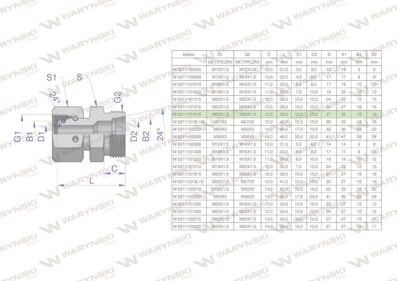 Złączka hydrauliczna metryczna AB (XKOR) A-M26x1.5 18L / B-M26x1.5 18L Wary - zdjęcie 4