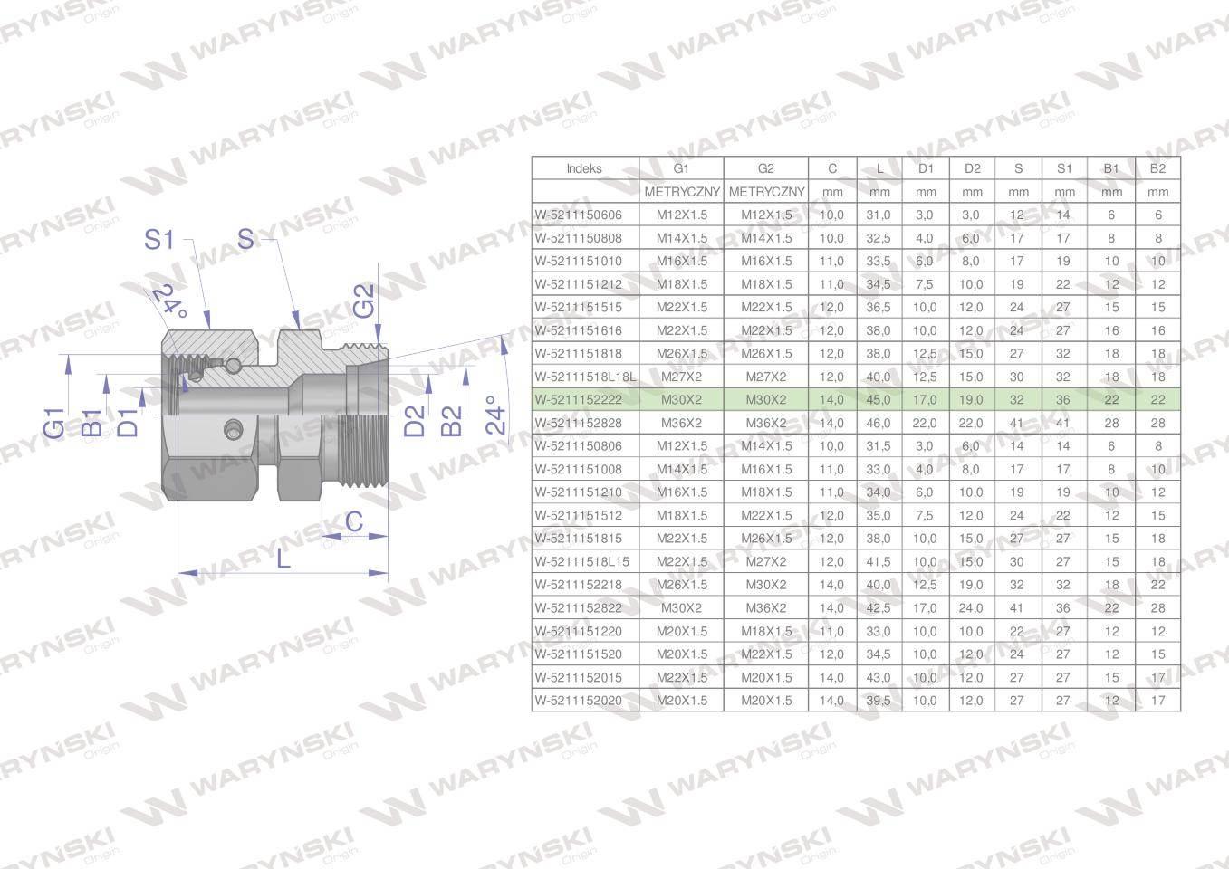 Złączka hydrauliczna metryczna AB (XKOR) A-M30x2 22L / B-M30x2 22L Waryński - zdjęcie 4
