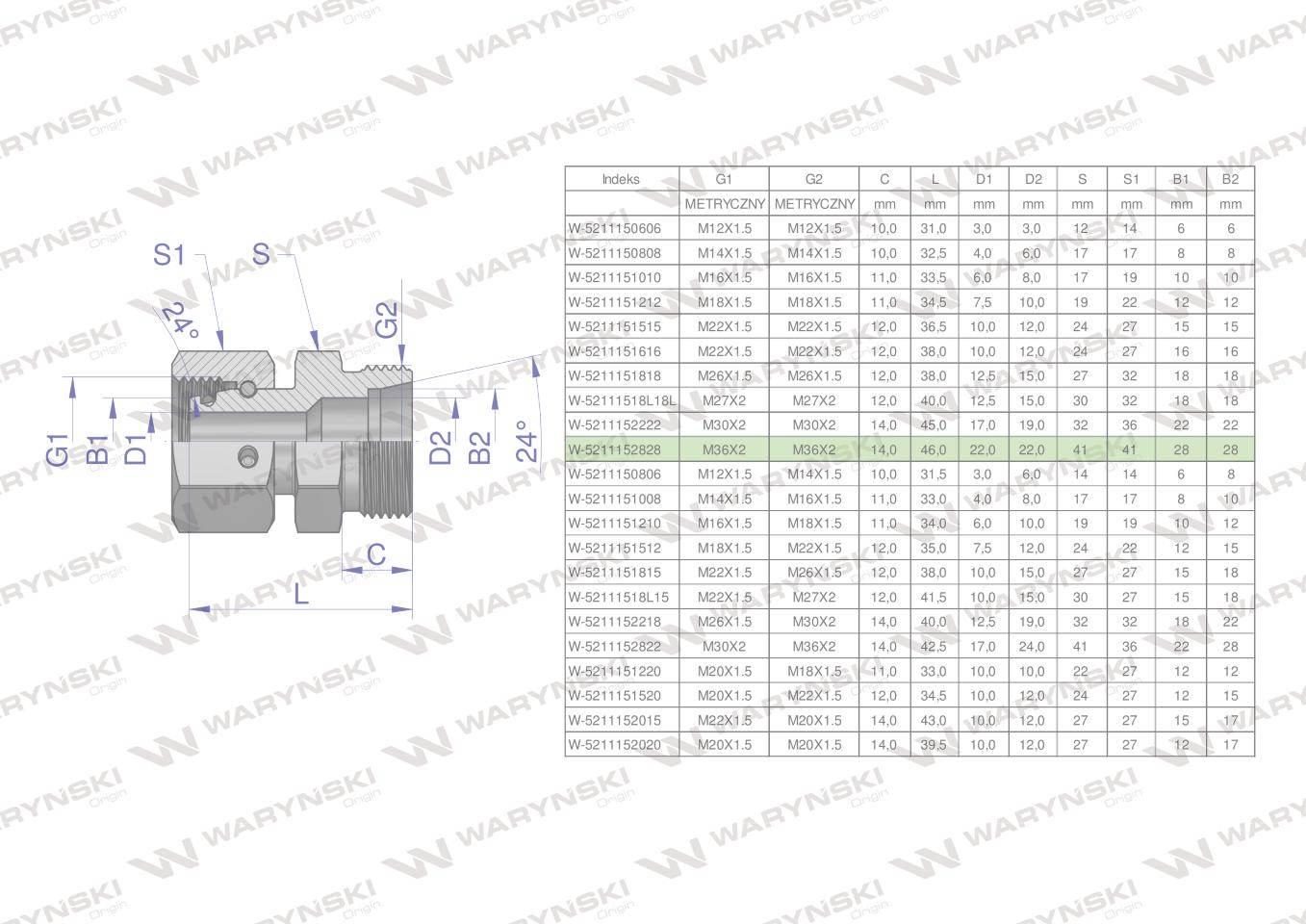 Złączka hydrauliczna metryczna AB (XKOR) A-M36x2 28L / B-M36x2 28L Waryński - zdjęcie 4