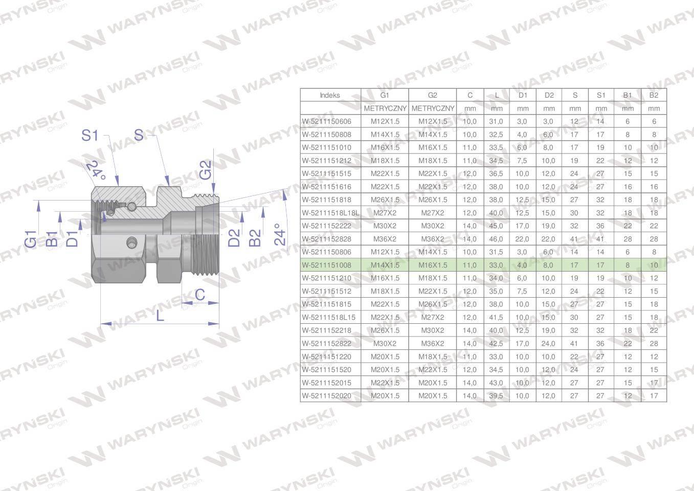Złączka hydrauliczna metryczna AB (XKOR) A-M14x1.5 08L / B-M16x1.5 10L Wary - zdjęcie 4