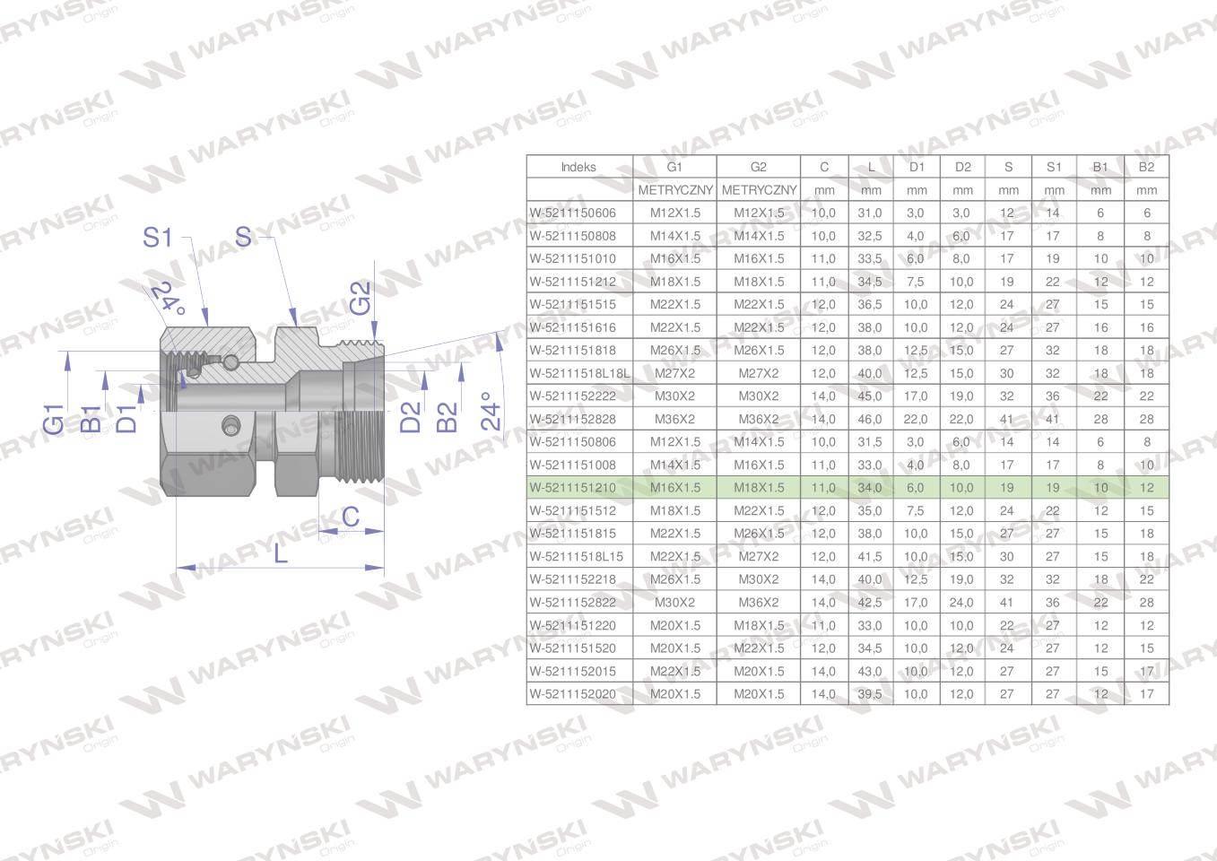Złączka hydrauliczna metryczna AB (XKOR) A-M16x1.5 10L / B-M18x1.5 12L Wary - zdjęcie 4