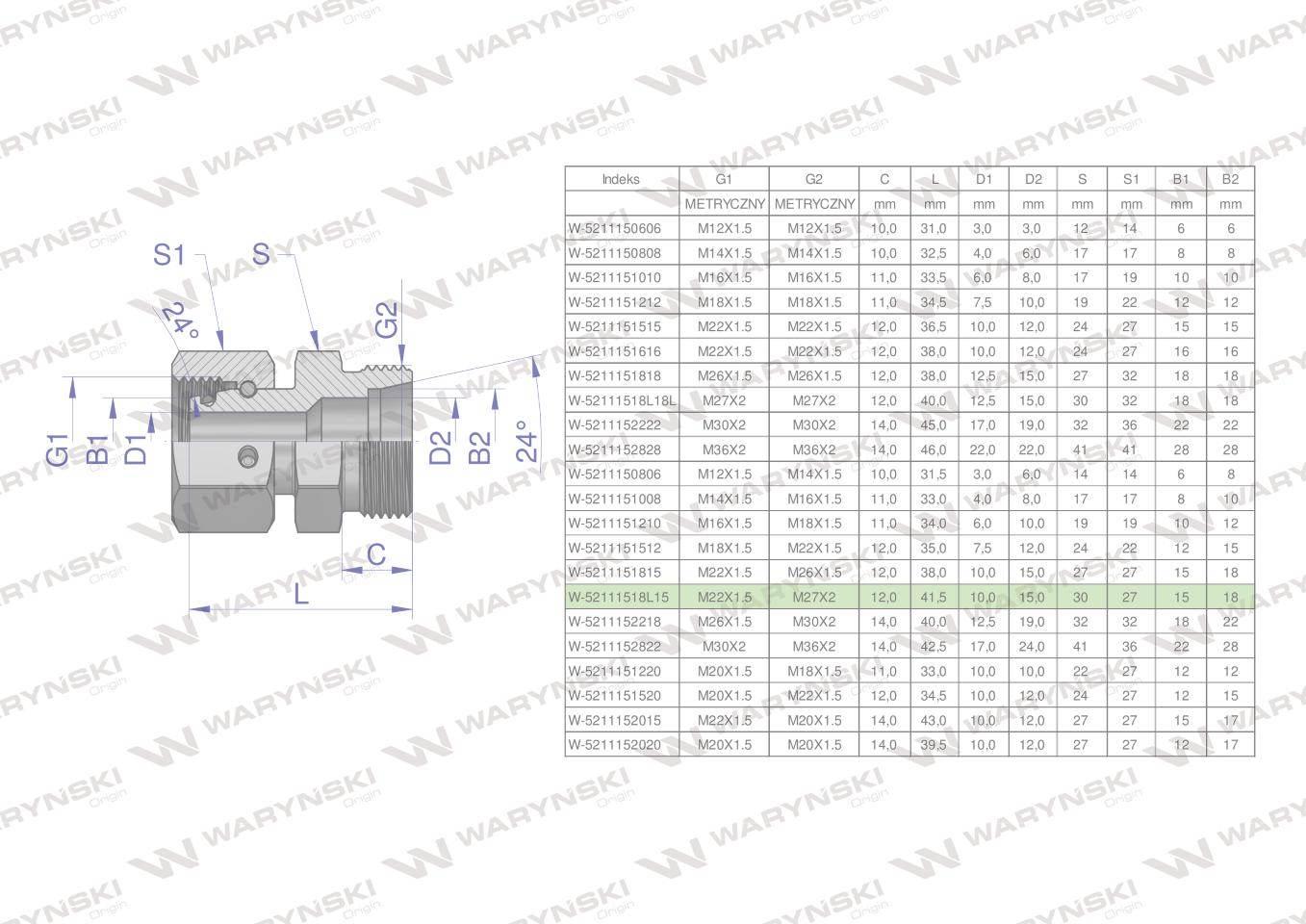 Złączka hydrauliczna metryczna AB (XKOR) A-M22x1.5 15L / B-M27x2 18L Waryńs - zdjęcie 4
