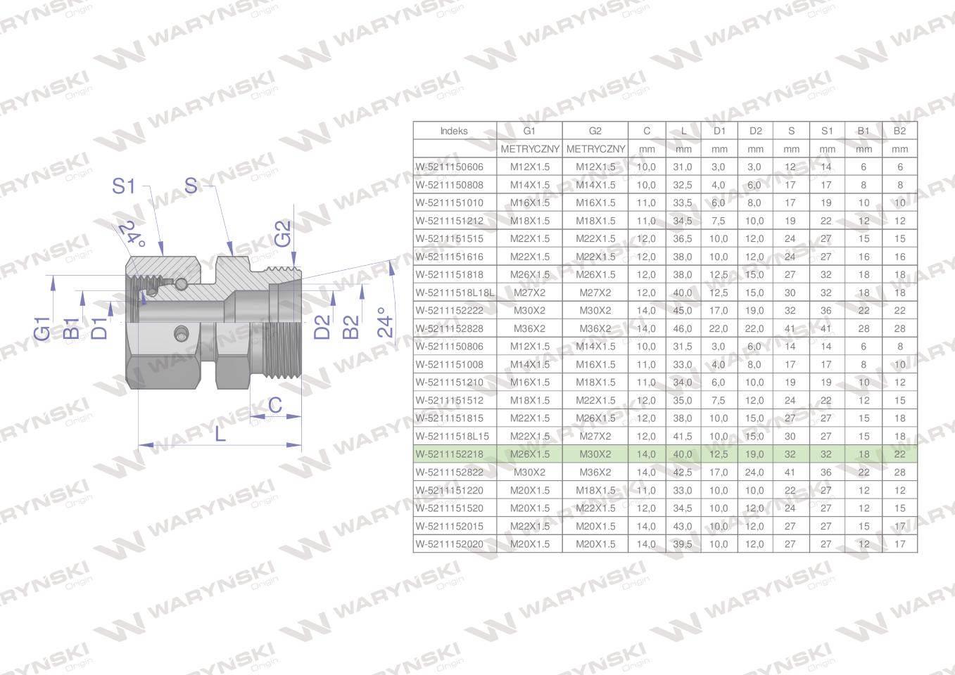 Złączka hydrauliczna metryczna AB (XKOR) A-M26x1.5 18L / B-M30x2 22L Waryńs - zdjęcie 4