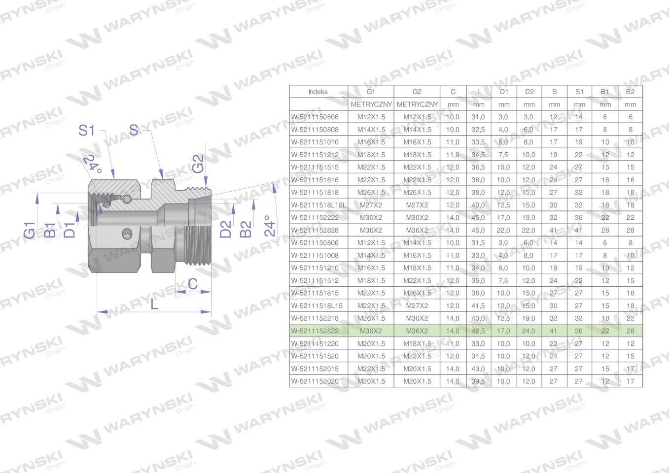 Złączka hydrauliczna metryczna AB (XKOR) A-M30x2 22L / B-M36x2 28L Waryński - zdjęcie 4