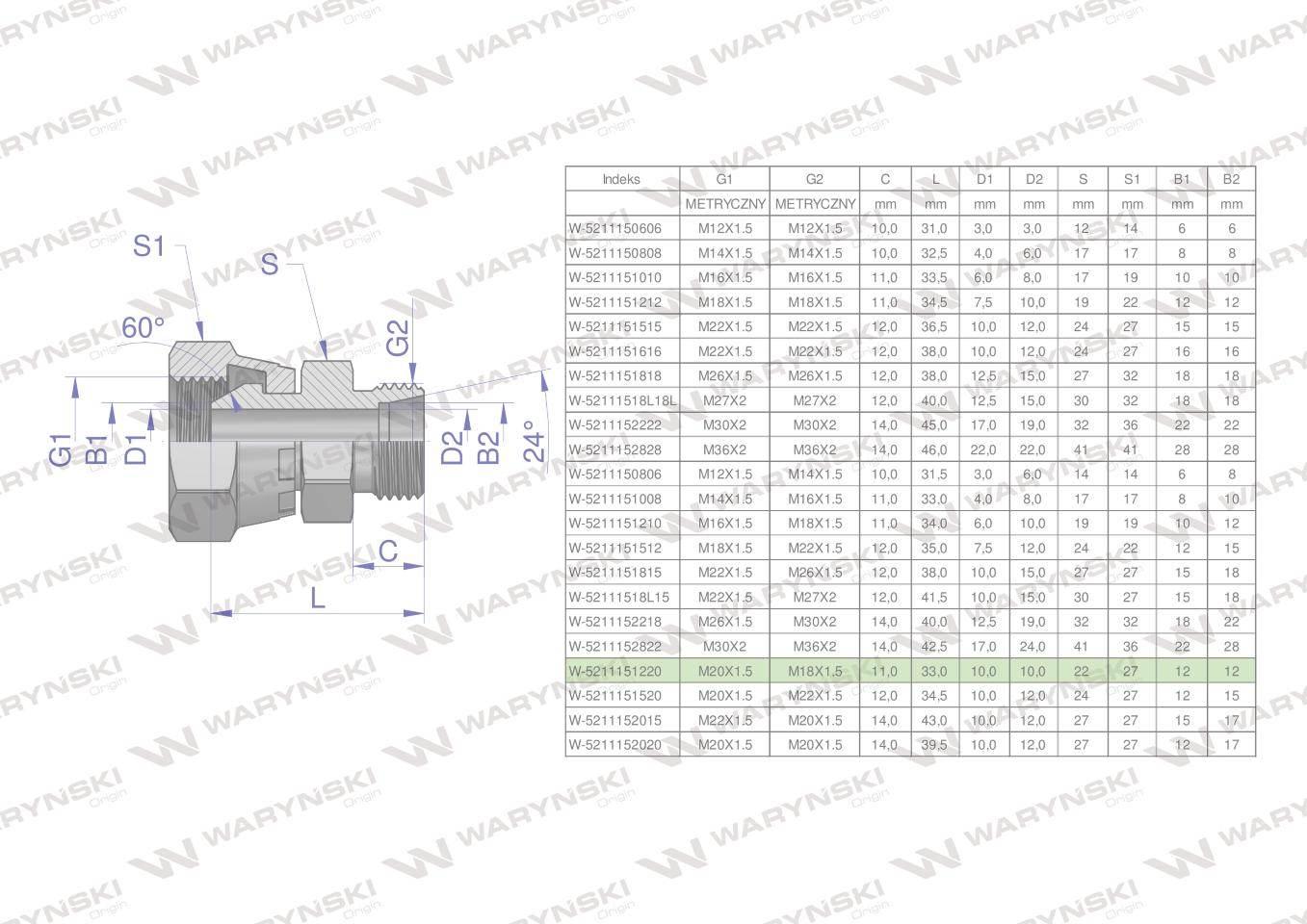 Złączka hydrauliczna metryczna AB (XKOR) A-M20x1.5 (60 stopni) / B-M18x1.5 - zdjęcie 4