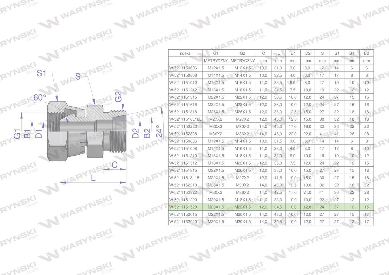 Złączka hydrauliczna metryczna AB (XKOR) A-M20x1.5 (60 stopni) / B-M22x1.5 - zdjęcie 4