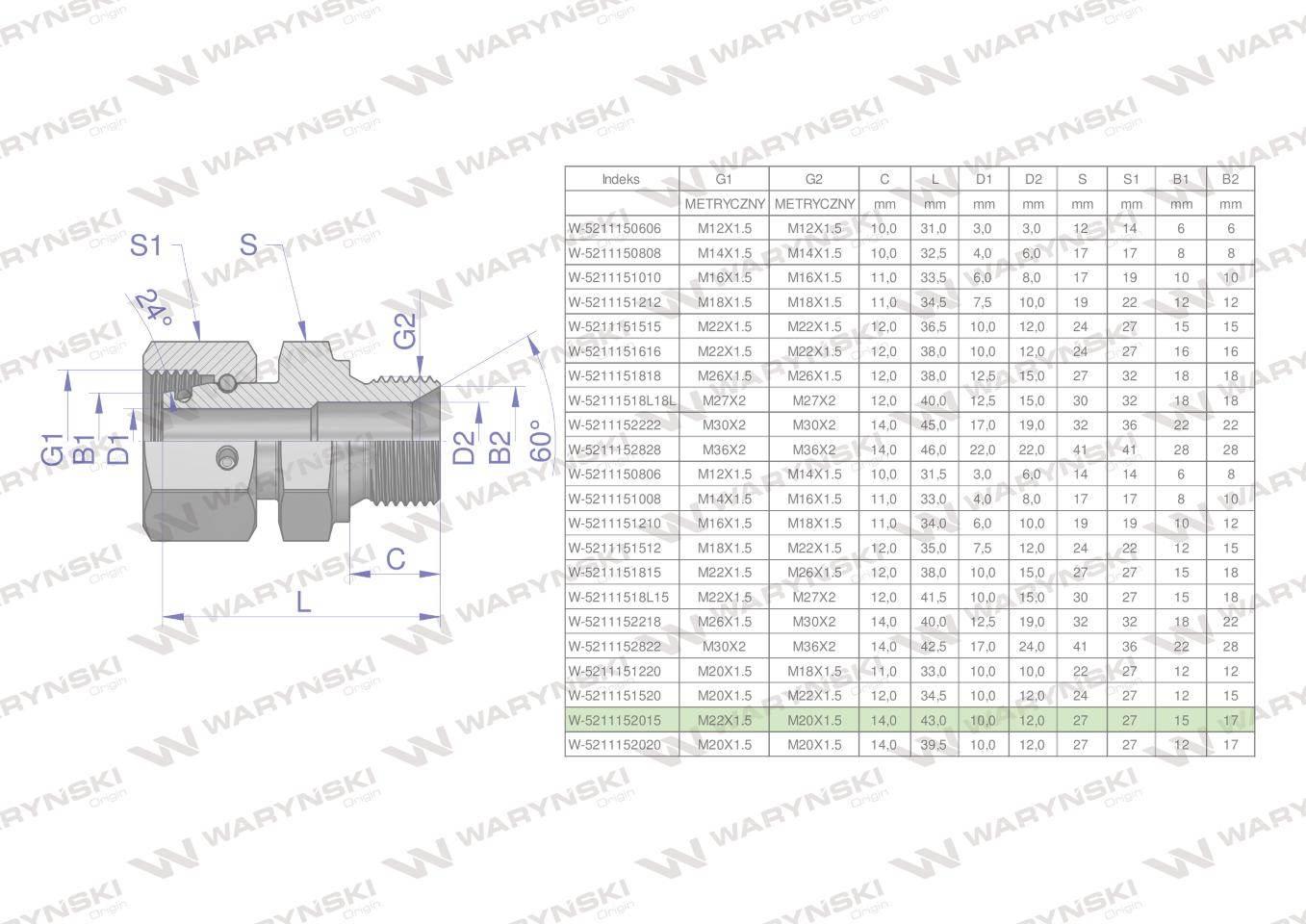 Złączka hydrauliczna metryczna AB (XKOR) A-M22x1.5 15L / B-M20x1.5 (60 stop - zdjęcie 4