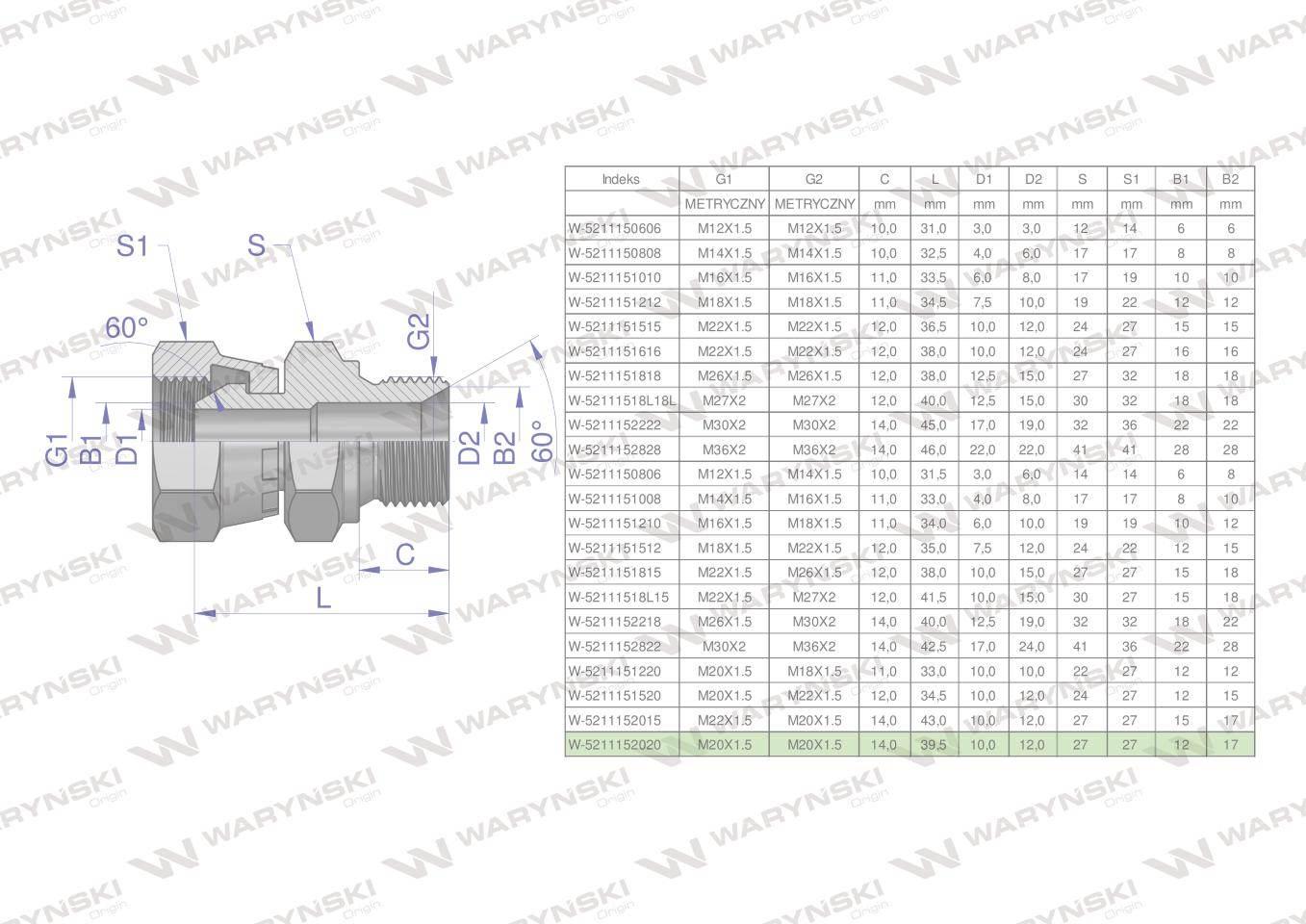 Złączka hydrauliczna metryczna AB (XKOR) A-M20x1.5 (60 stopni) / B-M20x1.5 - zdjęcie 4