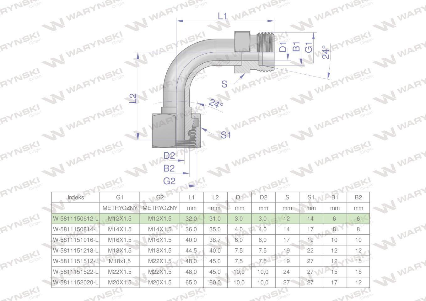 Kolanko hydrauliczne metryczne łukowe AB M12x1.5 06L (XEVW) Waryński 2szt - zdjęcie 4