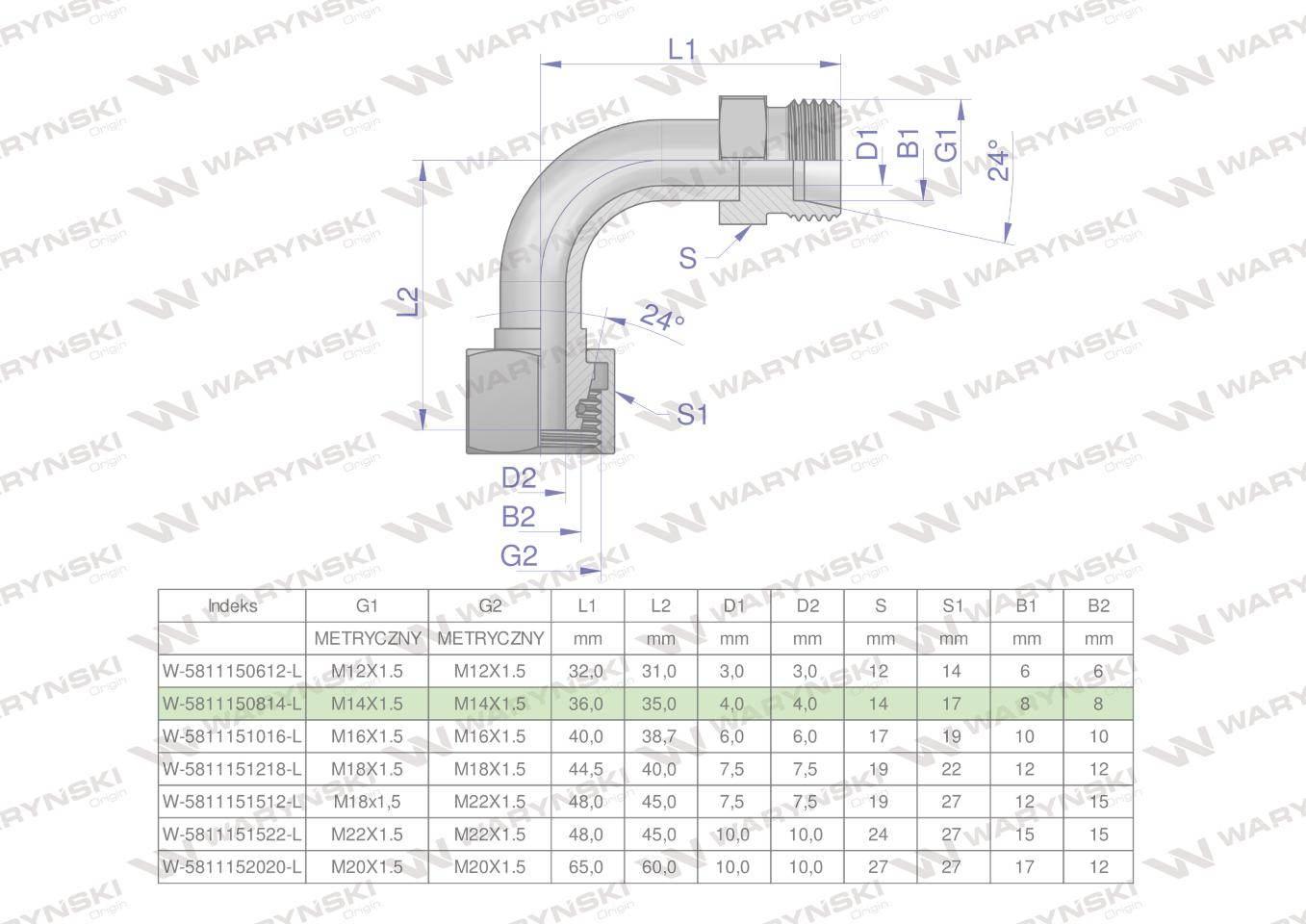 Kolanko hydrauliczne metryczne łukowe AB M14x1.5 08L (XEVW) Waryński 2szt - zdjęcie 4