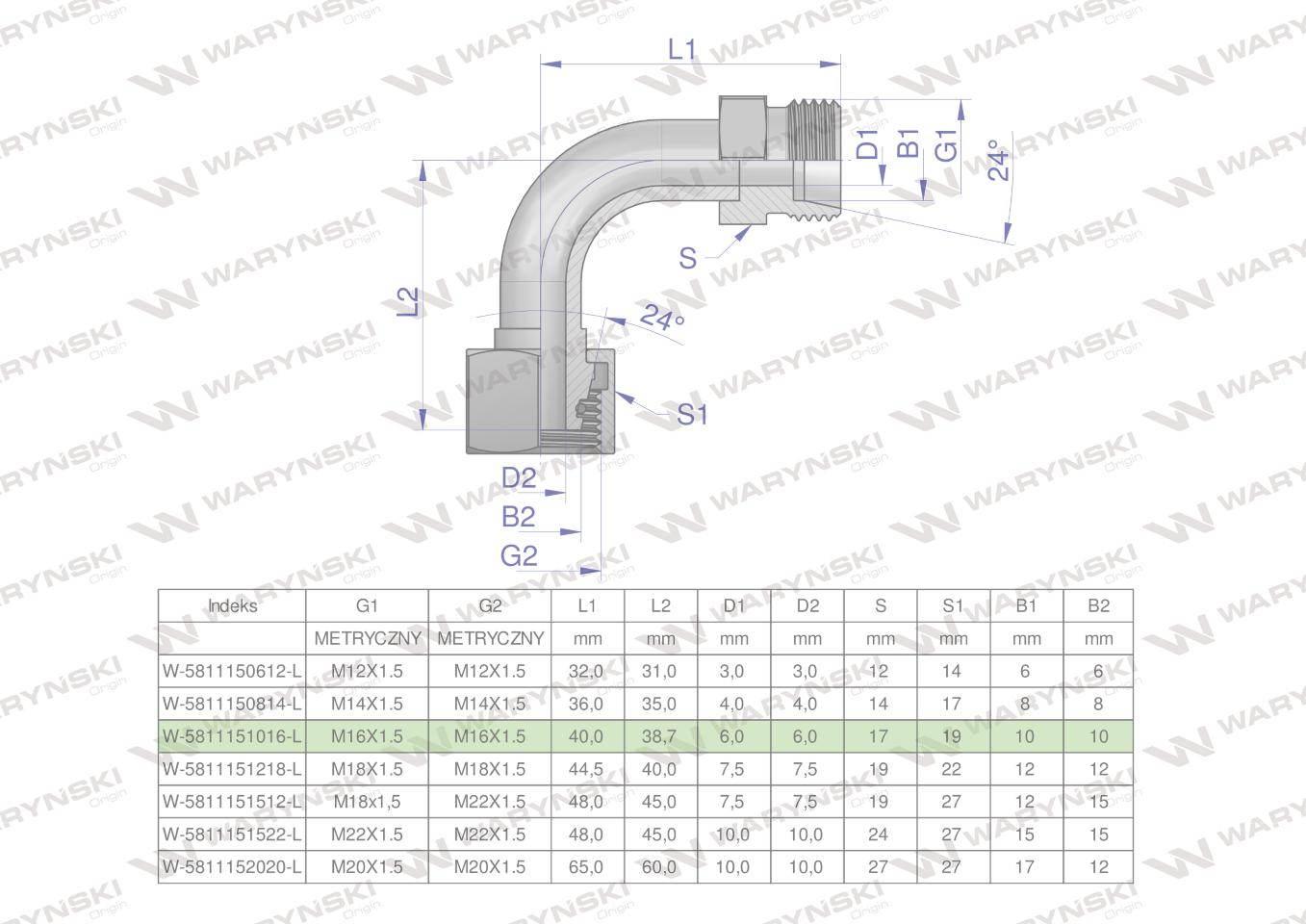 Kolanko hydrauliczne metryczne łukowe AB M16x1.5 10L (XEVW) Waryński 5szt - zdjęcie 4